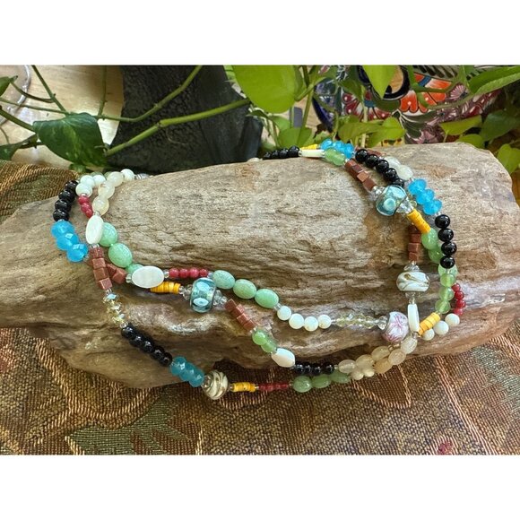 Colorful 3-Strand Beaded Necklace With Various Stones & Beads - Picture 1 of 7
